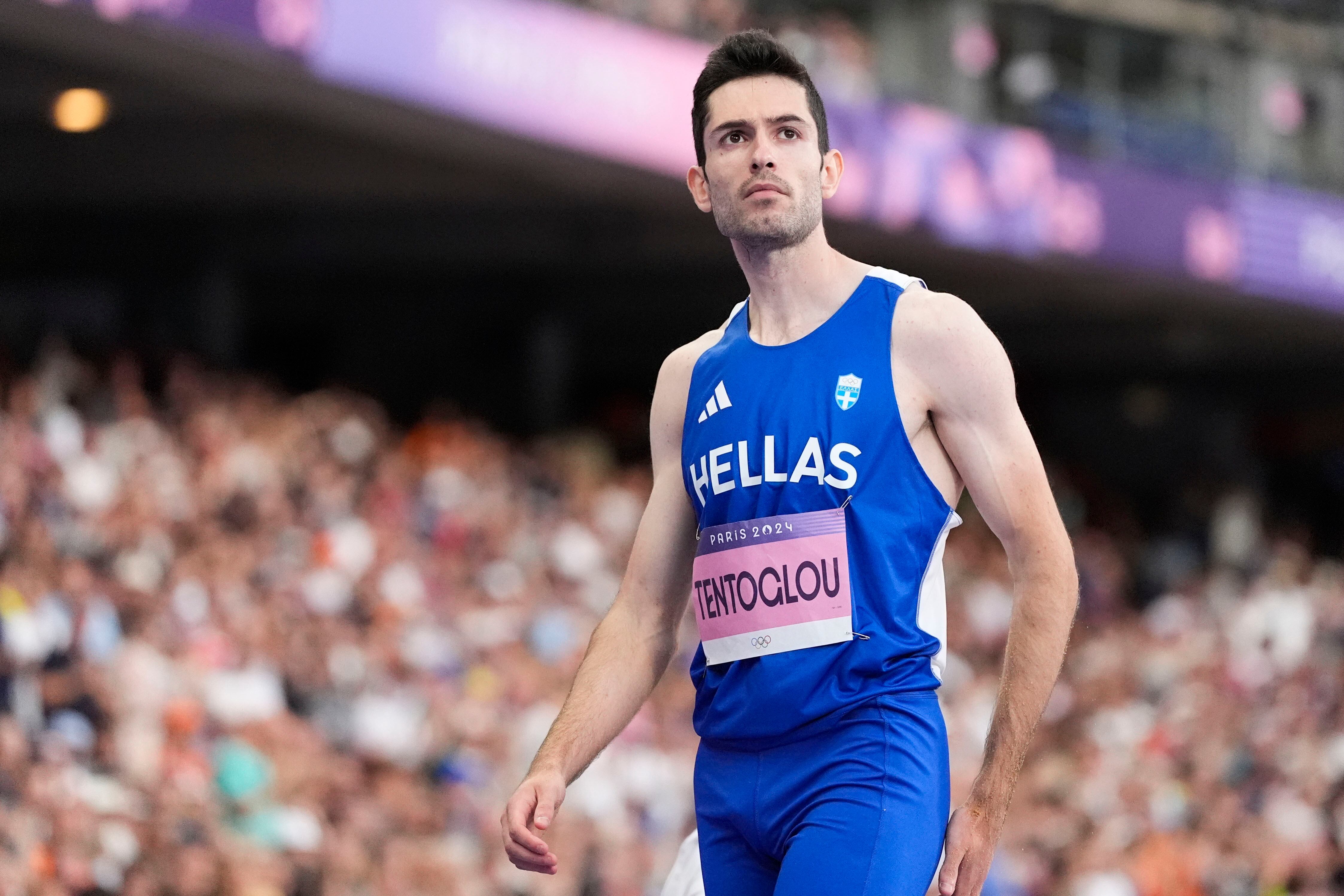 Miltiadis Tentoglou, of Greece, competes during the men's long jump final at the 2024 Summer Olympics, Tuesday, Aug. 6, 2024, in Saint-Denis, France. (AP Photo/Matthias Schrader)