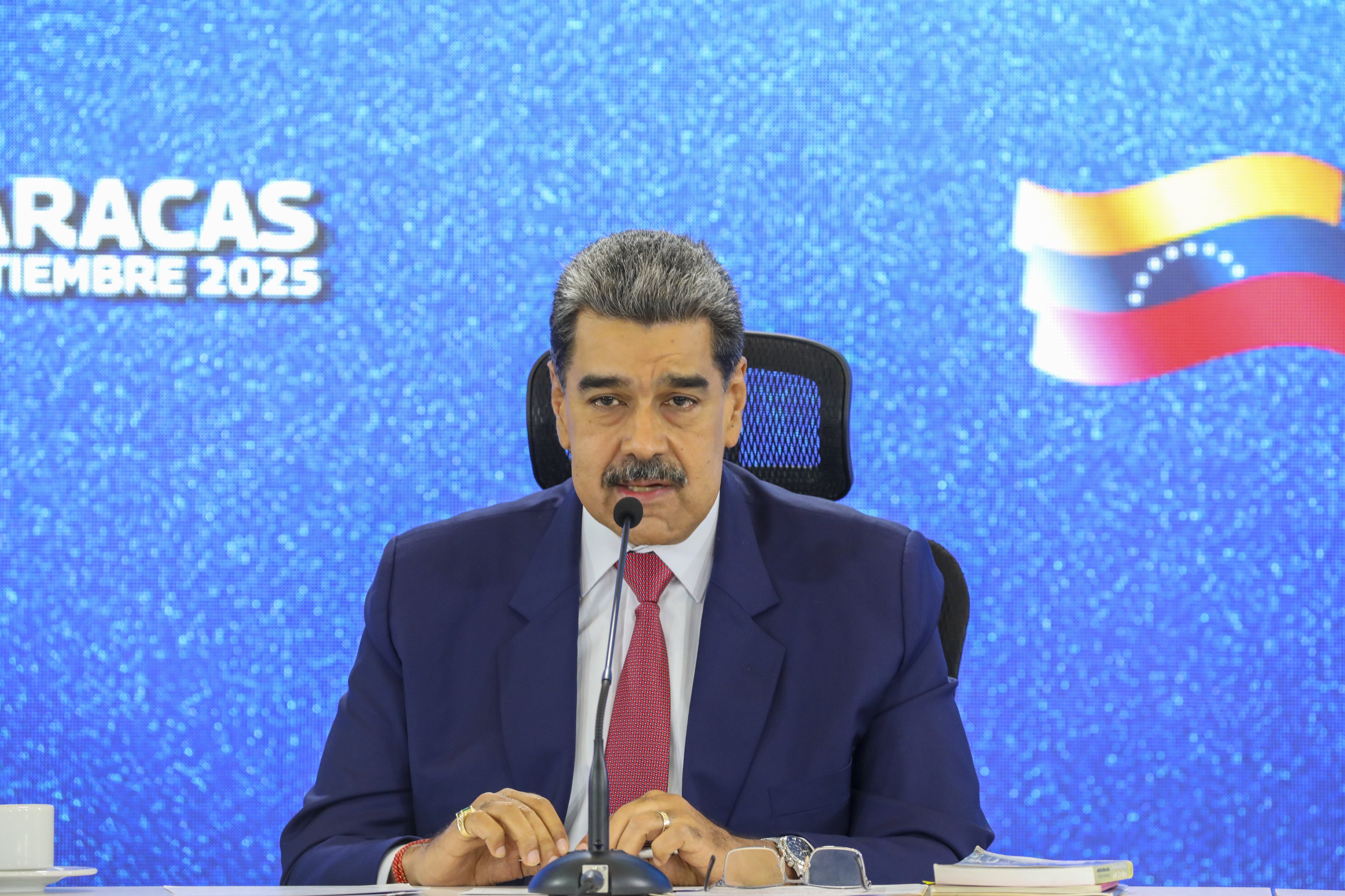 CARACAS, VENZUELA - SEPTEMBER 15: Venezuela's President Nicolas Maduro makes a speech at the end of a press conference with international media at Hotel Eurobuilding in Caracas, Venezuela on September 15, 2025. (Photo by Ivan Mcgregor/Anadolu via Getty Images)