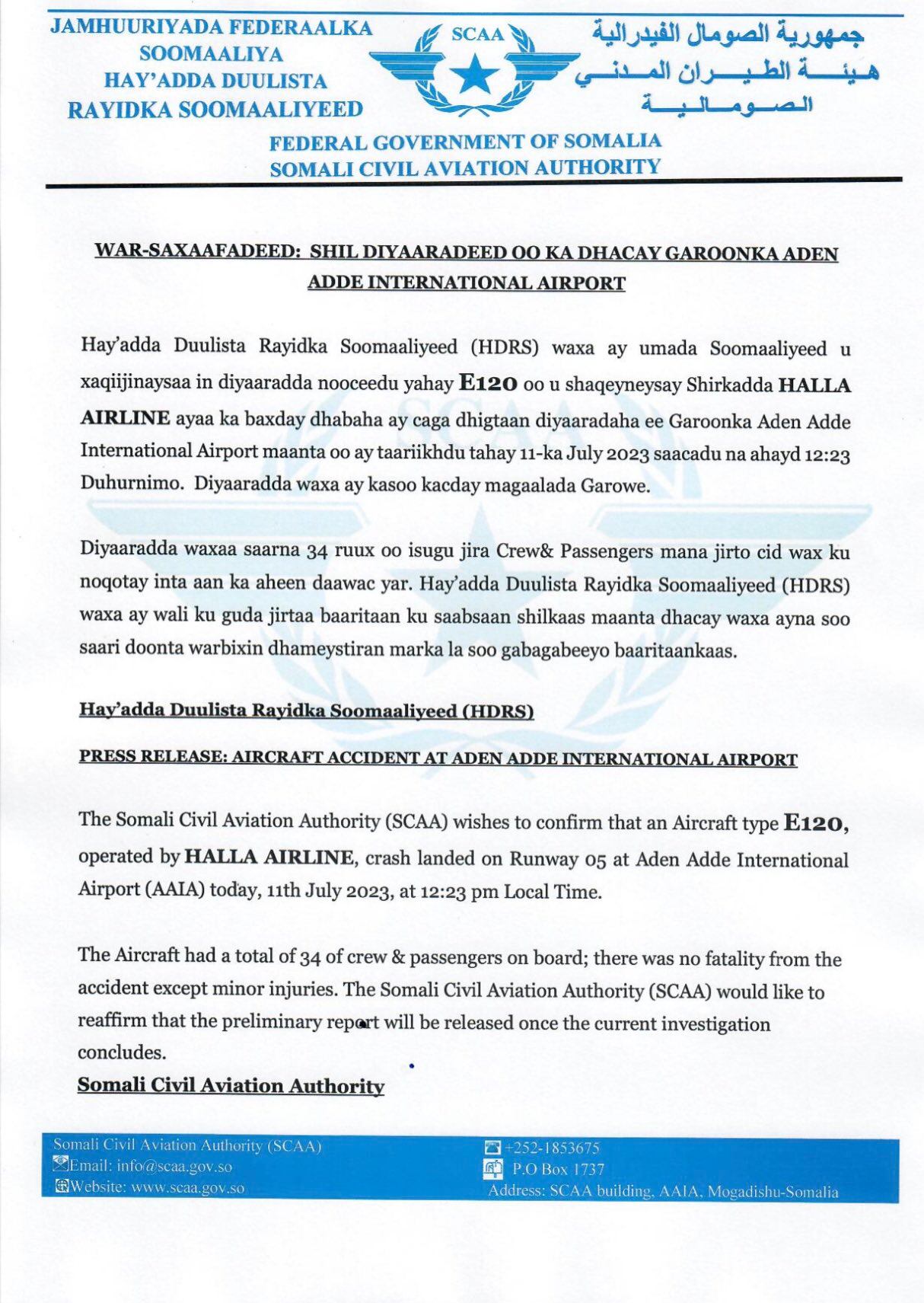 Comunicado de la Autoridad de Aviación Civil de Somalia.