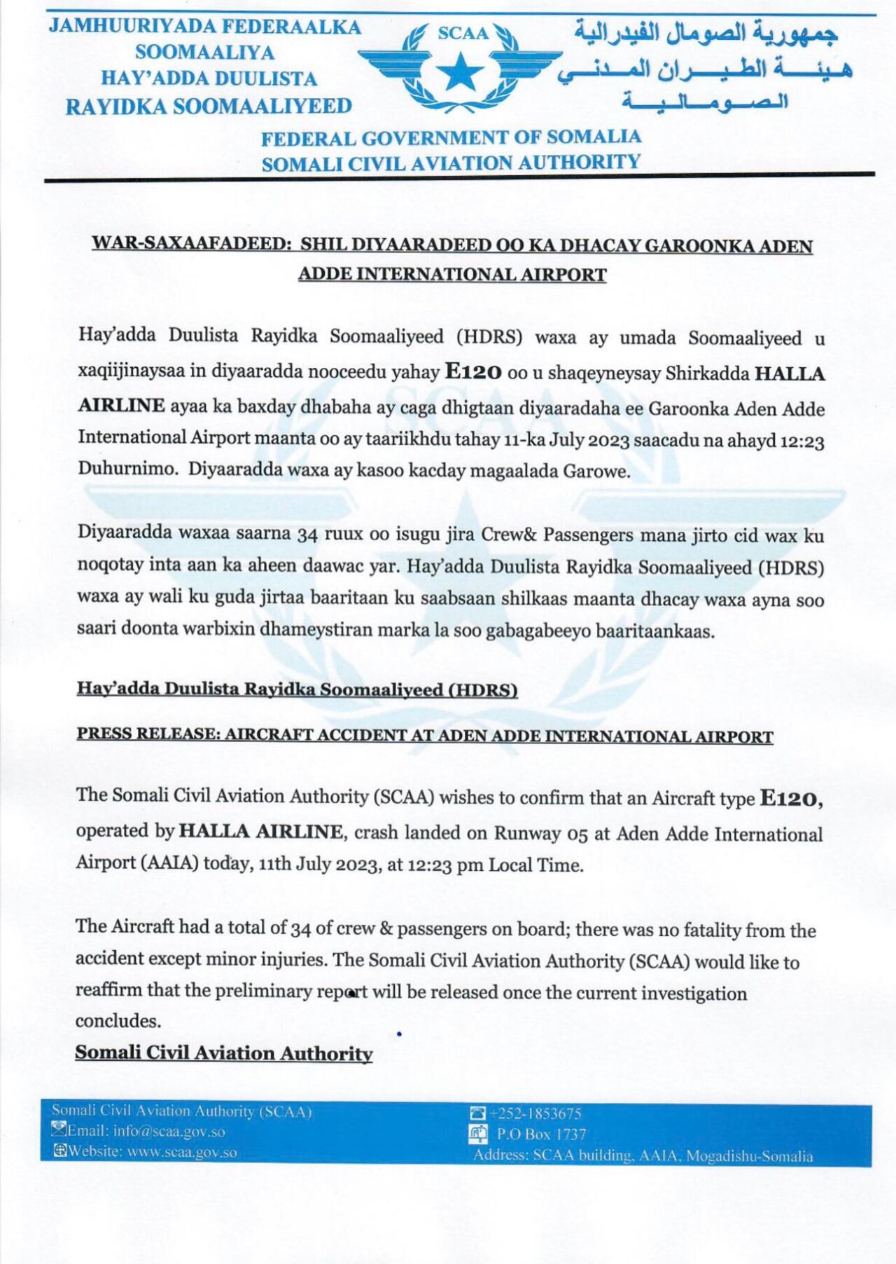 Comunicado de la Autoridad de Aviación Civil de Somalia.