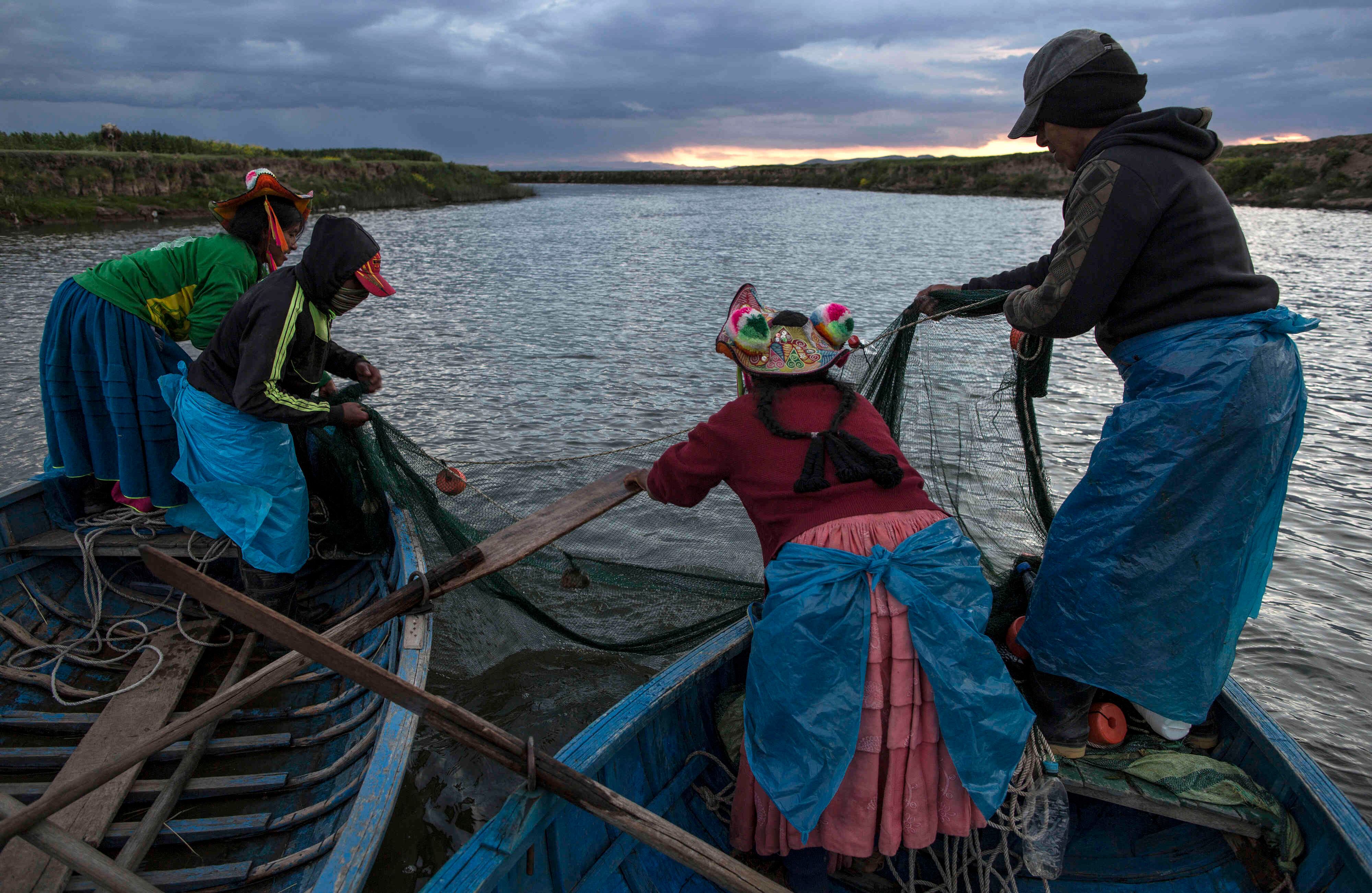 En esta foto del 3 de febrero de 2017, la familia Avila pesca en el Río Coata, que desemboca en el Lago Titicaca, en la región de Puno, Perú. El agua de alcantarillado no tratada drena de dos docenas de ciudades cercanas y las minas ilegales de oro en los Andes arrojan hasta 15 toneladas de mercurio al año en el río que conduce al lago. (AP Photo / Rodrigo Abd)
