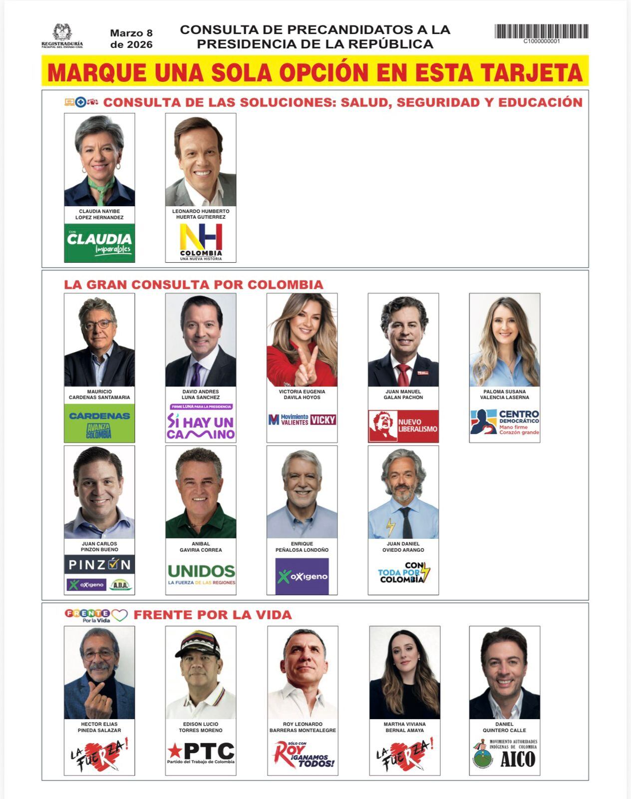 Tarjeta electoral de las consultas del 8 de marzo 2026.