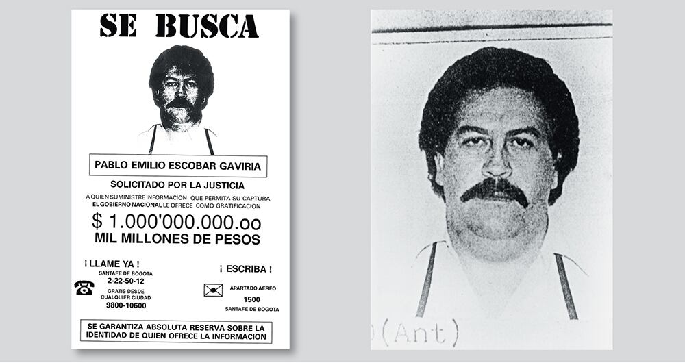 Cartel de búsqueda de Pablo Escobar donde se ofrecía recompensa a cambio de información sobre su paradero.
