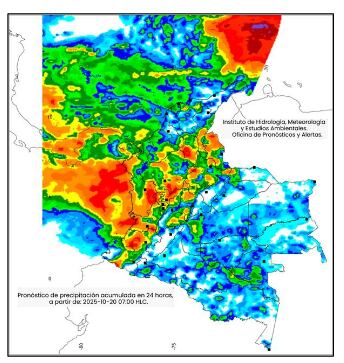 La escala de colores indica la cantidad de
precipitación acumulada para el lunes 20 de octubre de 2025