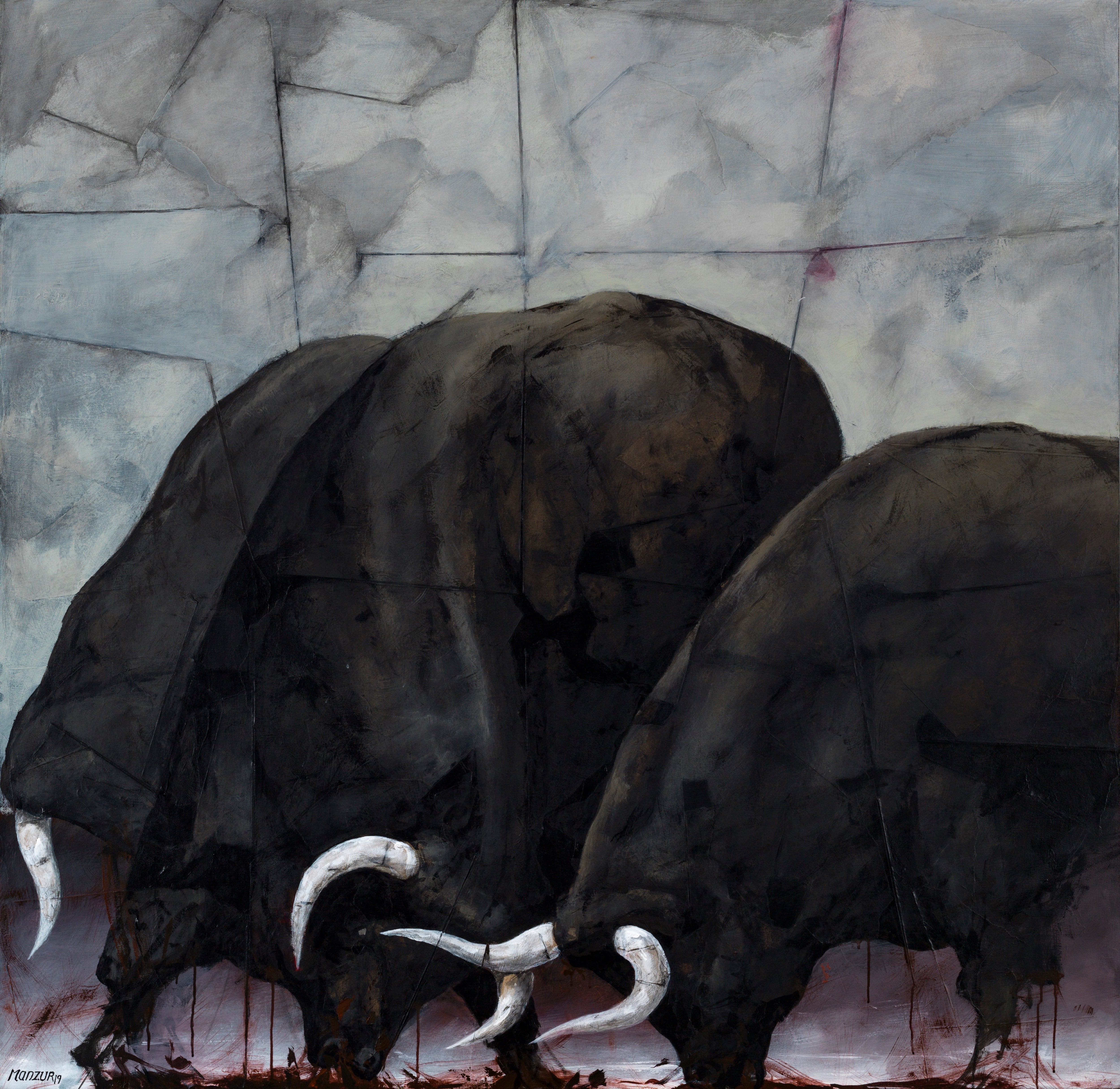 'Toros tomando sangre', David Manzur, acrylique et collage sur toile, 175 × 170 cm, 2019.