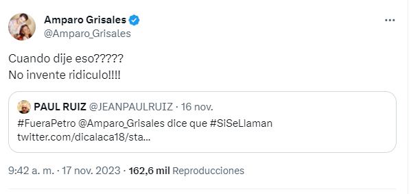 Así respondió Amparo Grisales al usuario que la vinculó con los cánticos contra Petro.