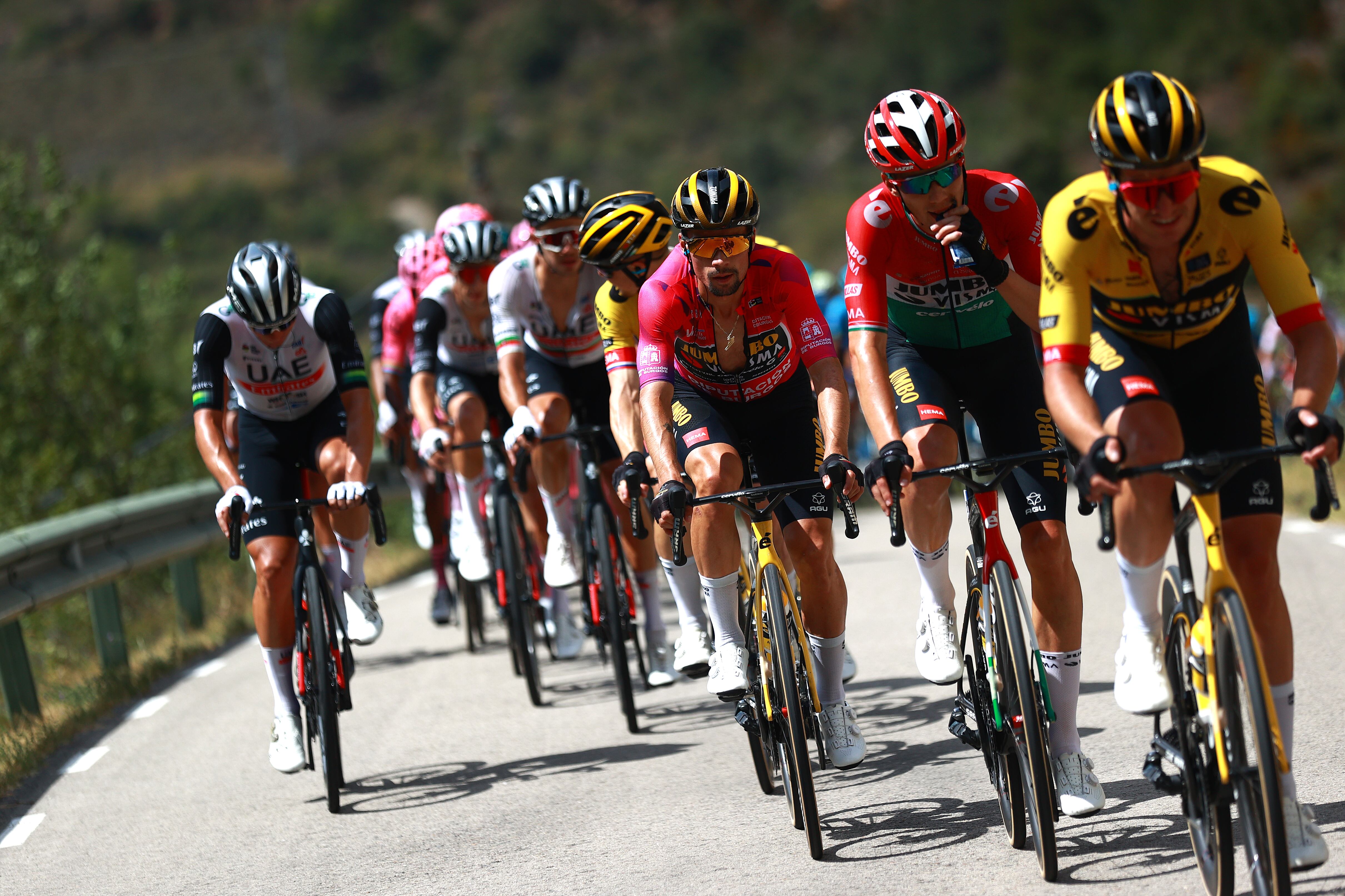 ACEBEL-VIZCARRA, SPAIN - AUGUST 18: (L-R) Primož Roglic of Slovenia - Purple Leader Jersey and Attila Valter of Hungary and Team Jumbo-Visma compete during the 45th Vuelta a Burgos 2023, Stage 4 a 157km stage from Santa Gadea del Cid to Pradoluengo (Acebel-Vizcarra) 1058m on August 18, 2023 in Acebel-Vizcarra, Spain. (Photo by Gonzalo Arroyo Moreno/Getty Images)