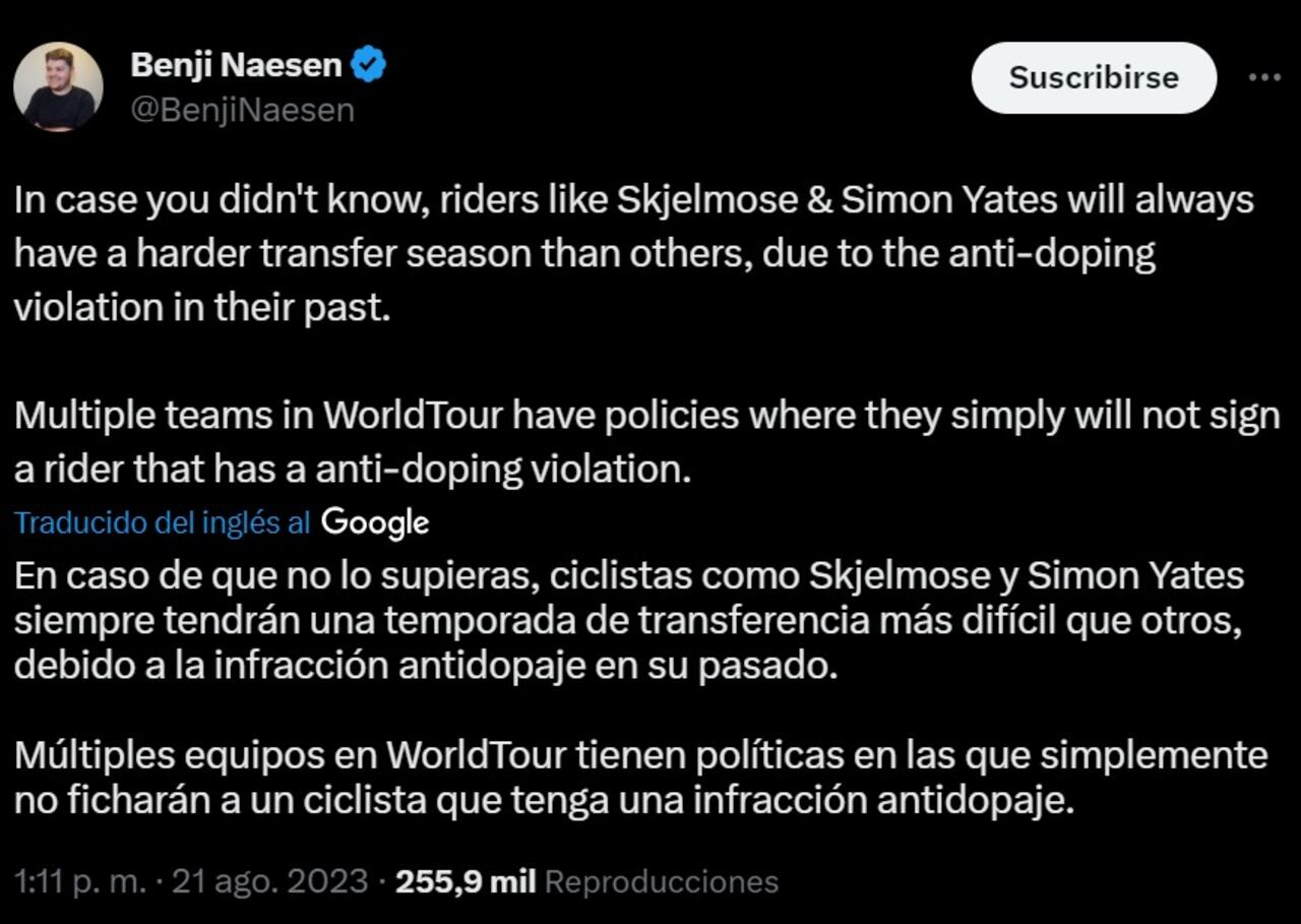 Información de Benji Naesen sobre Nairo Quintana y Miguel Ángel López.