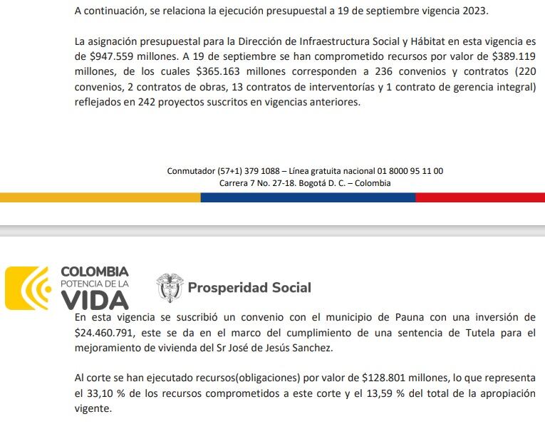 Ejecución presupuestal de la Dirección de Infraestructura Social y Hábitat del Departamento de Prosperidad Social.