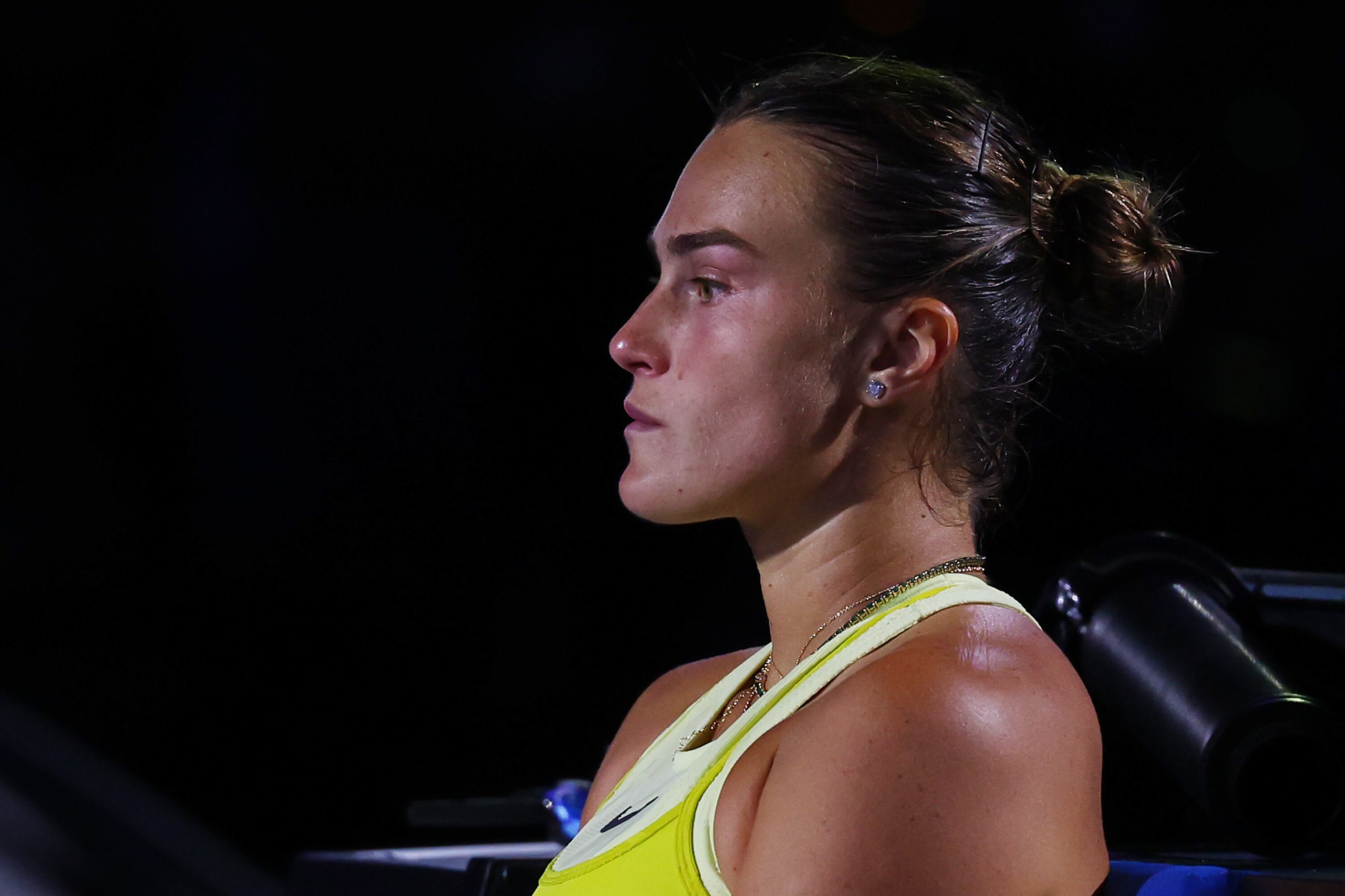 Aryna Sabalenka shows dejection after her defeat by Madison Keys of the United States in the Women's Singles Finalduring day 14 of the 2025 Australian Open at Melbourne Park on January 25, 2025 in Melbourne, Australia.