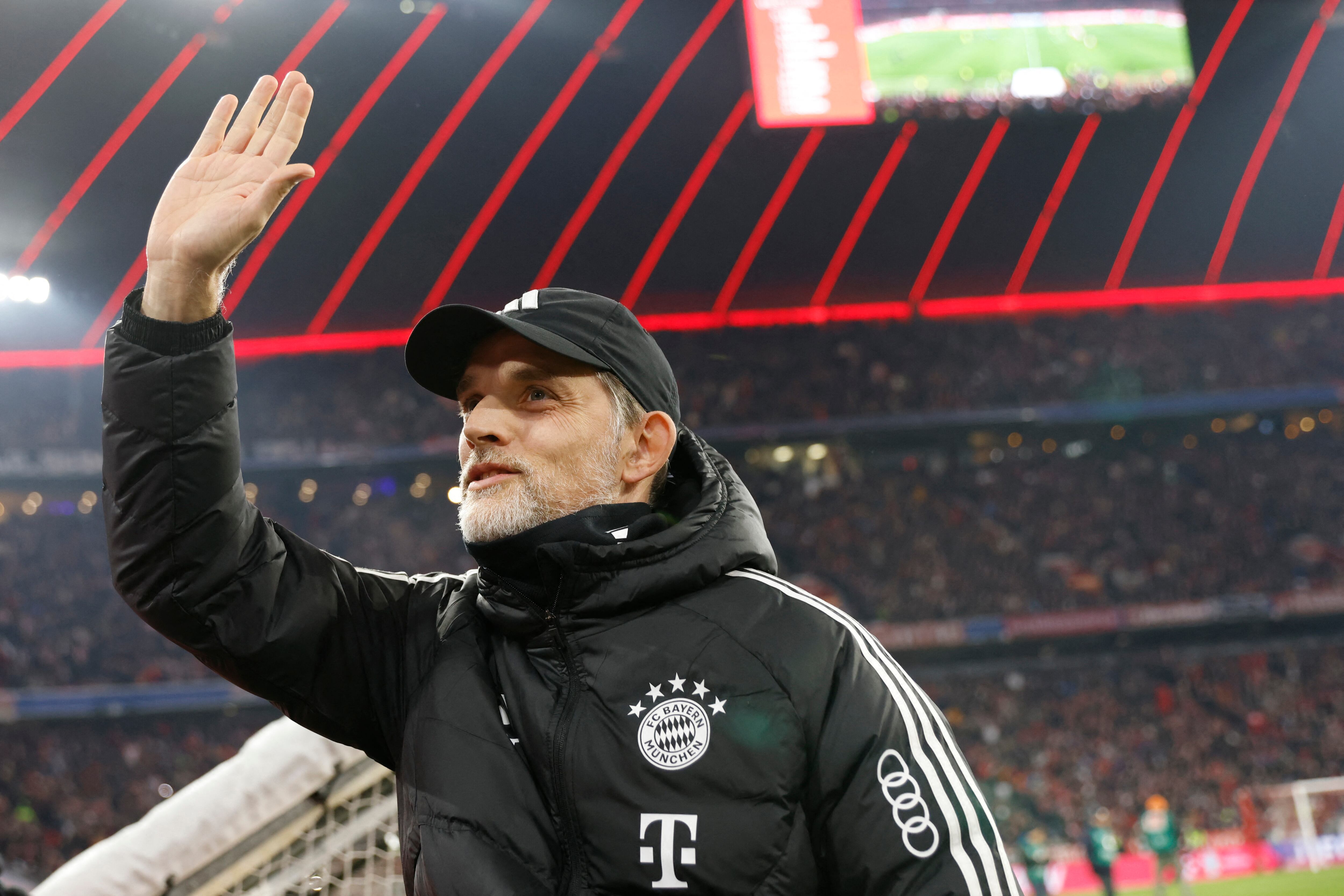 (FILES) Bayern Munich's German head coach Thomas Tuchel waves prior the German first division Bundesliga football match between Bayern Munich and VfB Stuttgart in Munich, southern Germany, on December 17, 2023. FC Bayern Munich's club announced on february 21 that Tuchel will end his contract with Bayern Munich at the end of the season. (Photo by MICHAELA REHLE / AFP) / DFL REGULATIONS PROHIBIT ANY USE OF PHOTOGRAPHS AS IMAGE SEQUENCES AND/OR QUASI-VIDEO
