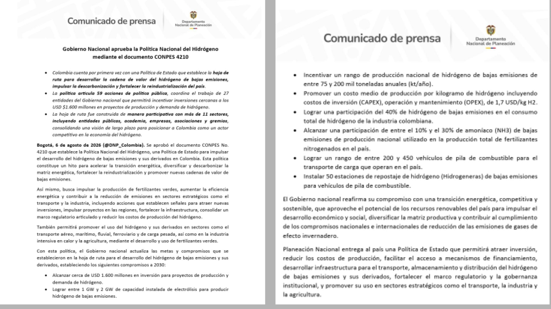 Con la aprobación del CONPES 4210, el Gobierno nacional estableció la hoja de ruta para impulsar el desarrollo del hidrógeno de bajas emisiones, atraer inversiones y avanzar en la transición energética y la descarbonización de sectores estratégicos del país.
