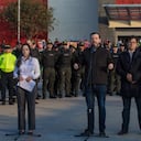 Alcalde Carlos Fernando Galán, en compañía de la directora seccional de Fiscalías – Bogotá, Leonor Merchán Lopera; el secretario de Seguridad, César Restrepo; y el comandante de la Policía Metropolitana de Bogotá, general Daniel Gualdrón.