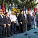 This handout picture provided by the Iranian presidency shows Nicaragua's President Daniel Ortega (C-R) welcoming Iran's President Ebrahim Raisi (C-L) at the Olof Palme Convention Centre in Managua on June 13, 2023. (Photo by Iranian Presidency / AFP) / === RESTRICTED TO EDITORIAL USE - MANDATORY CREDIT "AFP PHOTO / HO / IRANIAN PRESIDENCY" - NO MARKETING NO ADVERTISING CAMPAIGNS - DISTRIBUTED AS A SERVICE TO CLIENTS ===