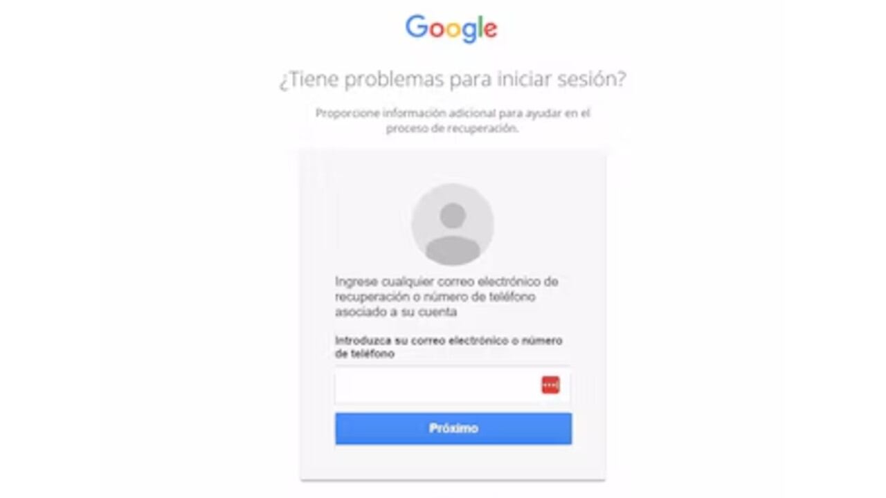 Formulario de recuperación de cuenta de Google.