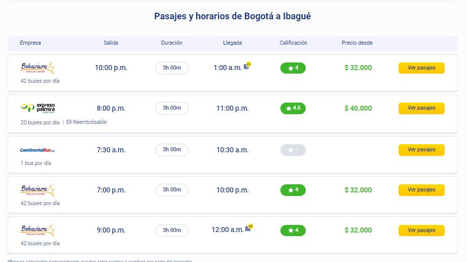 Precios del pasaje de Bogotá a Ibagué en bus.