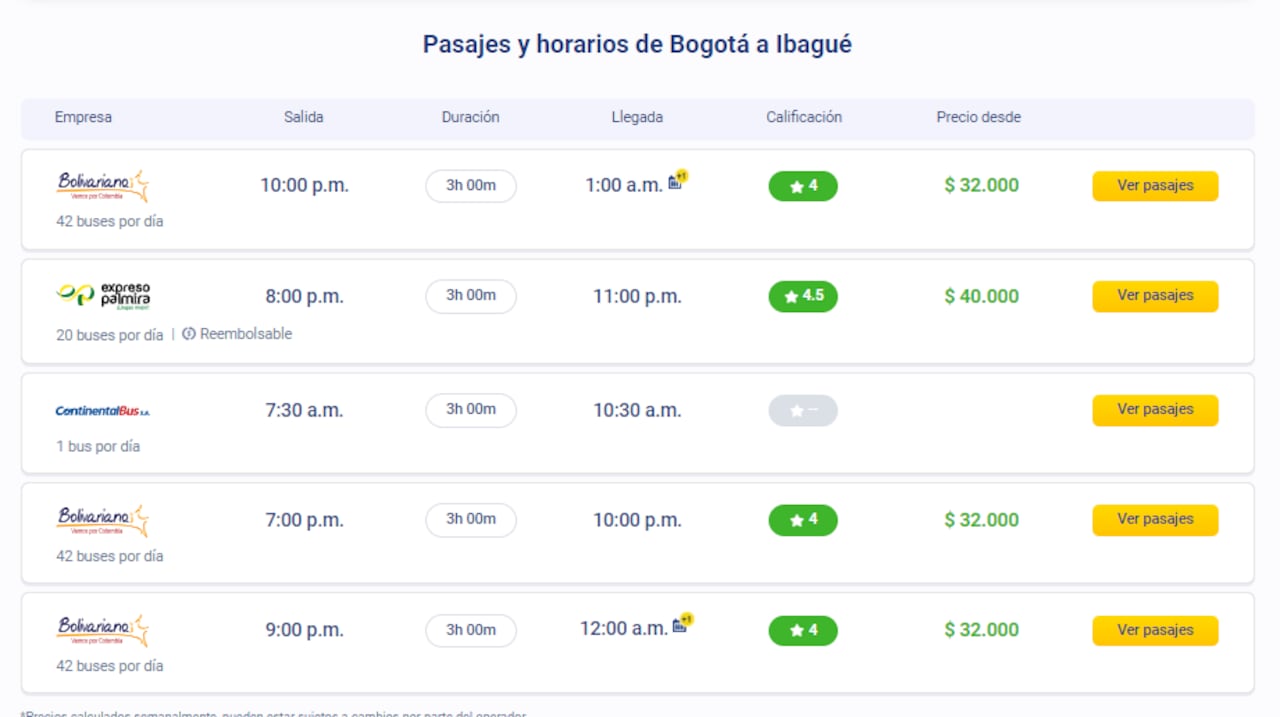 Precios del pasaje de Bogotá a Ibagué en bus.