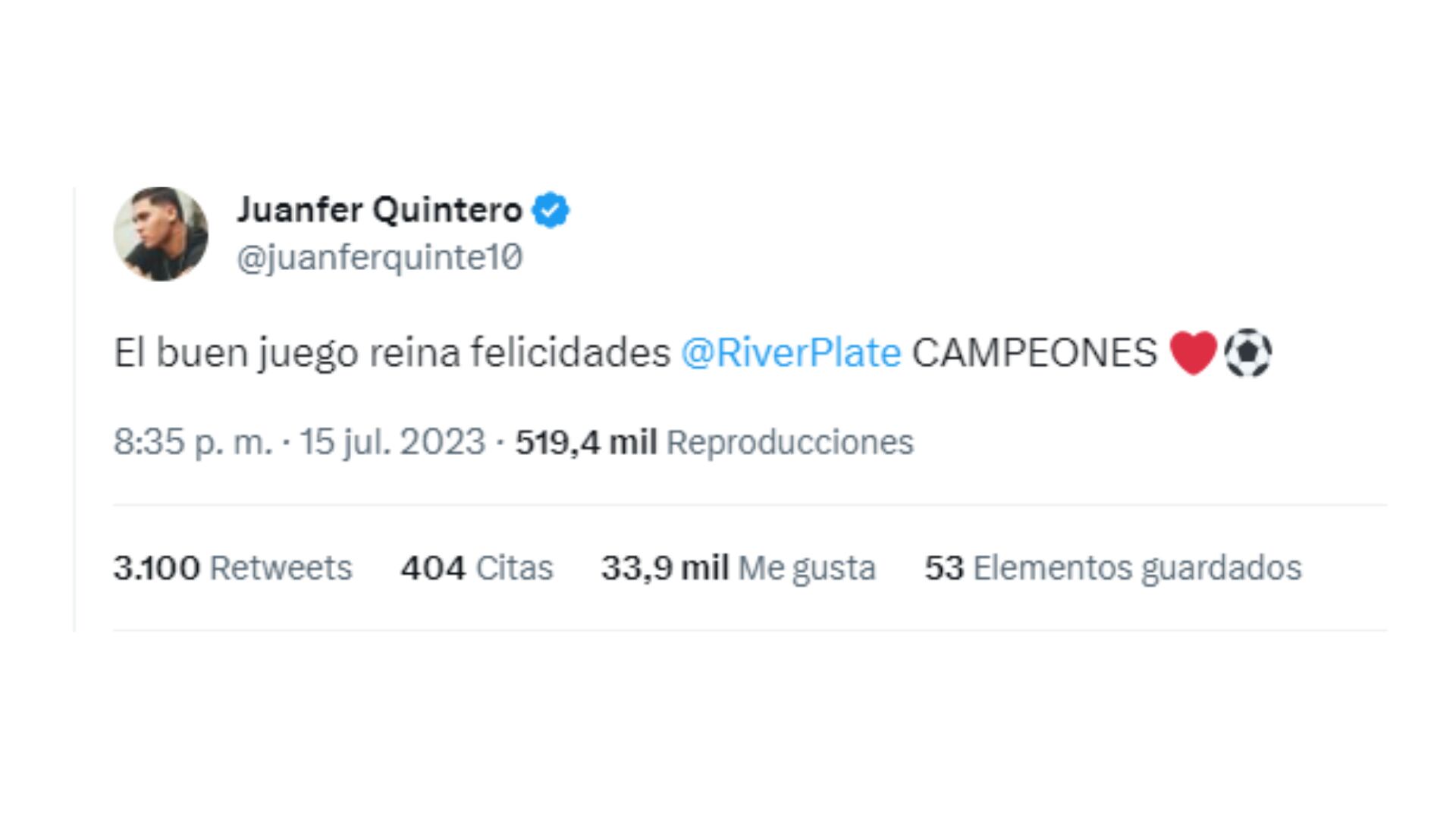 Tweet de Juan Fernando Quintero.