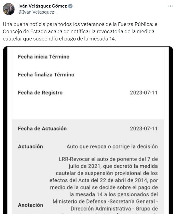 Ministro de Defensa, Iván Velásquez, confirmó en un trino la decisión del Consejo de Estado