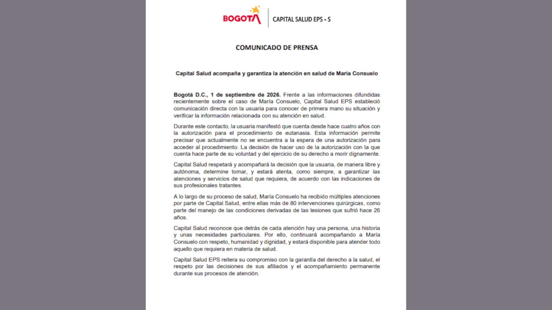 Capital Salud se pronunció sobre la solicitud de eutanasia de María Consuelo Córdoba, víctima de un ataque con ácido.