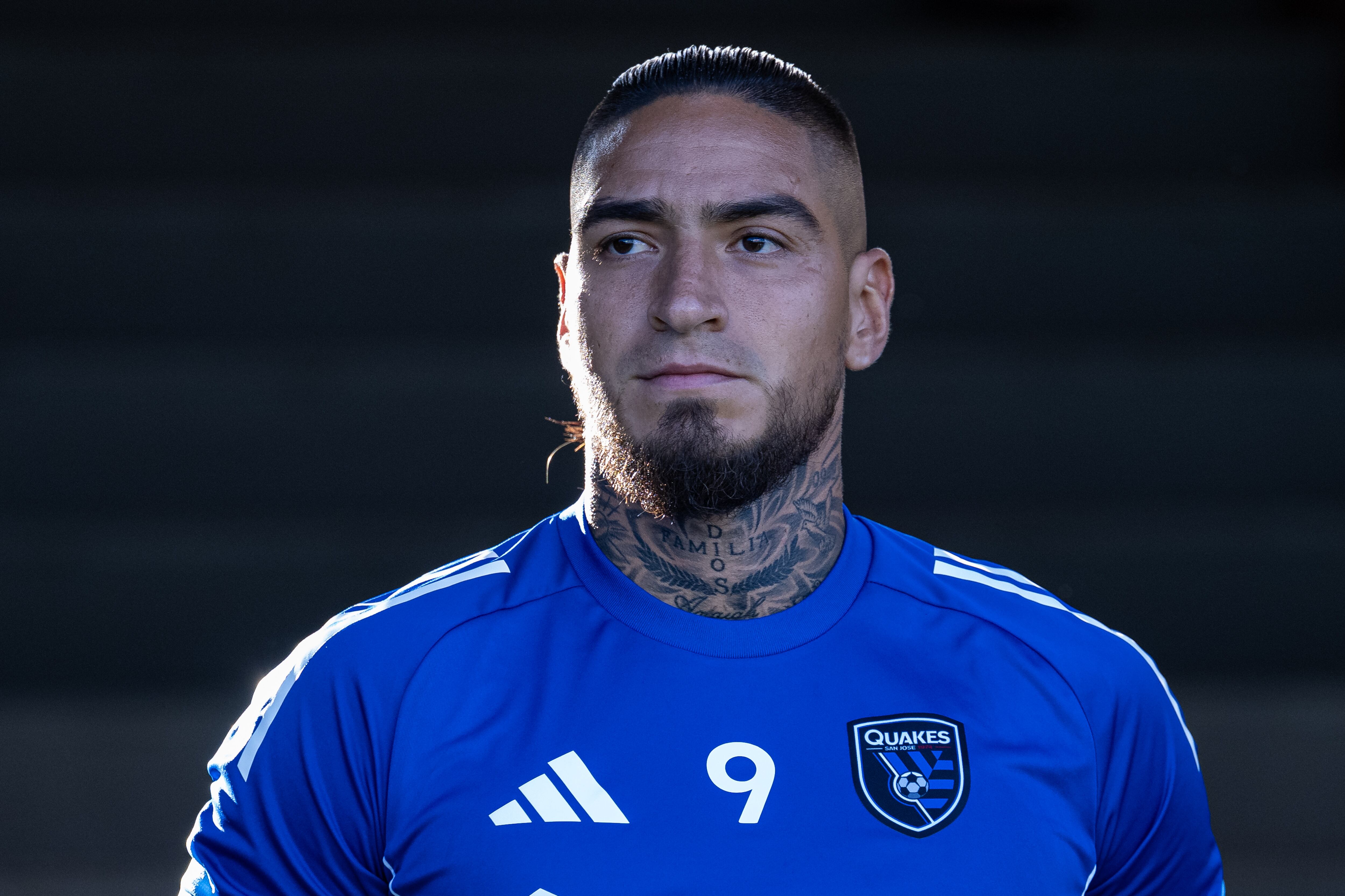 SAN JOSE, CA - JULY 5: Chicho Arango #9 of San Jose Earthquakes enters the field during a game between New York Red Bulls and San Jose Earthquakes at Pay Pal Park on July 5, 2025 in San Jose, California. (Photo by Lyndsay Radnedge/ISI Photos/ISI Photos via Getty Images)
