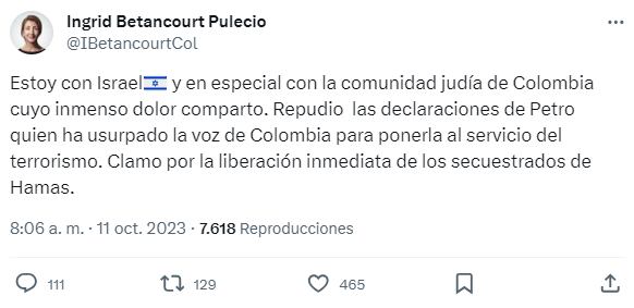 Trino de Ingrid Betancourt expresando su apoyo a la comunidad judía en Colombia y a Israel.