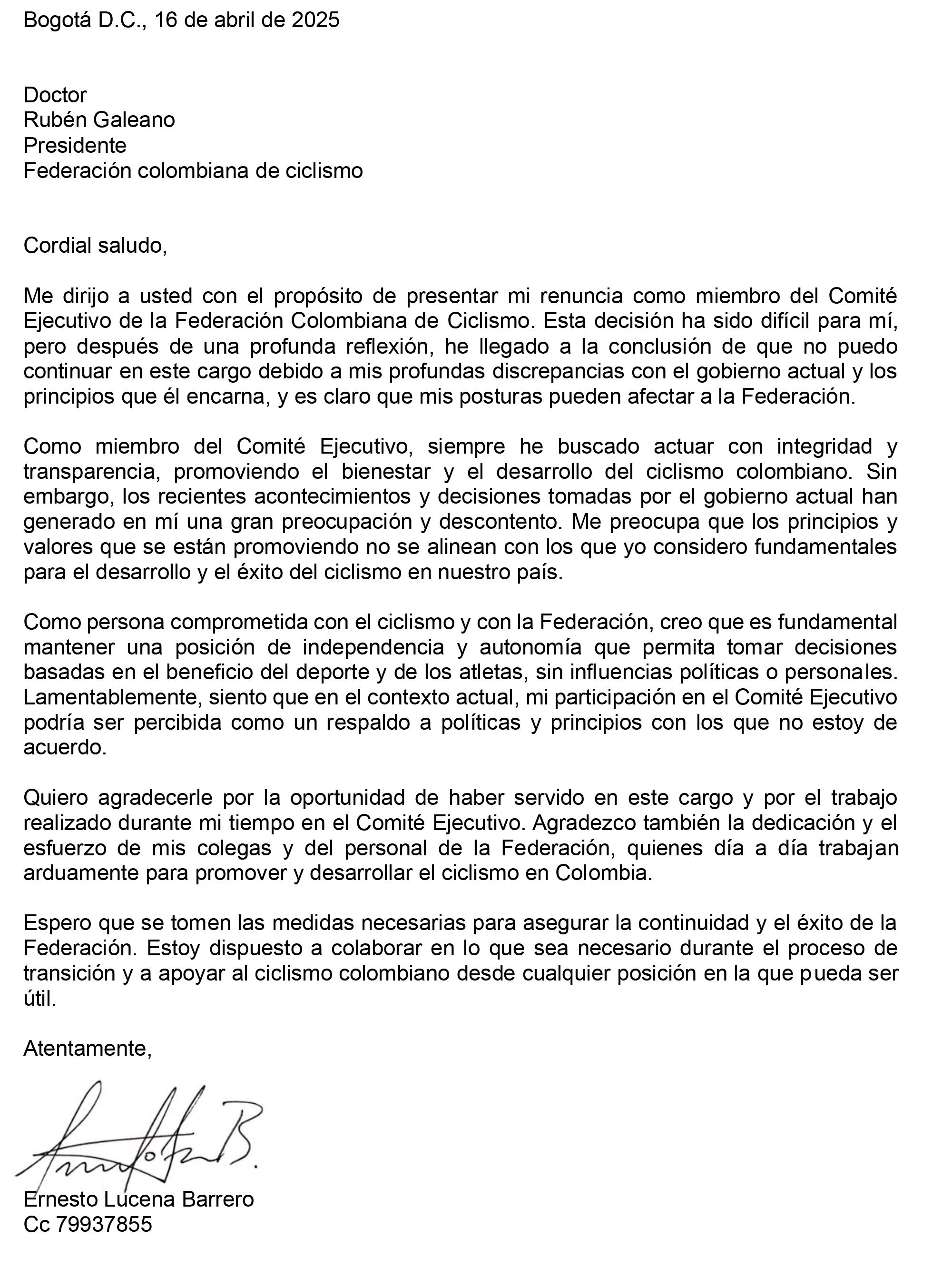 Carta de renuncia de Ernesto Lucena a la Federación Colombiana de Ciclismo.