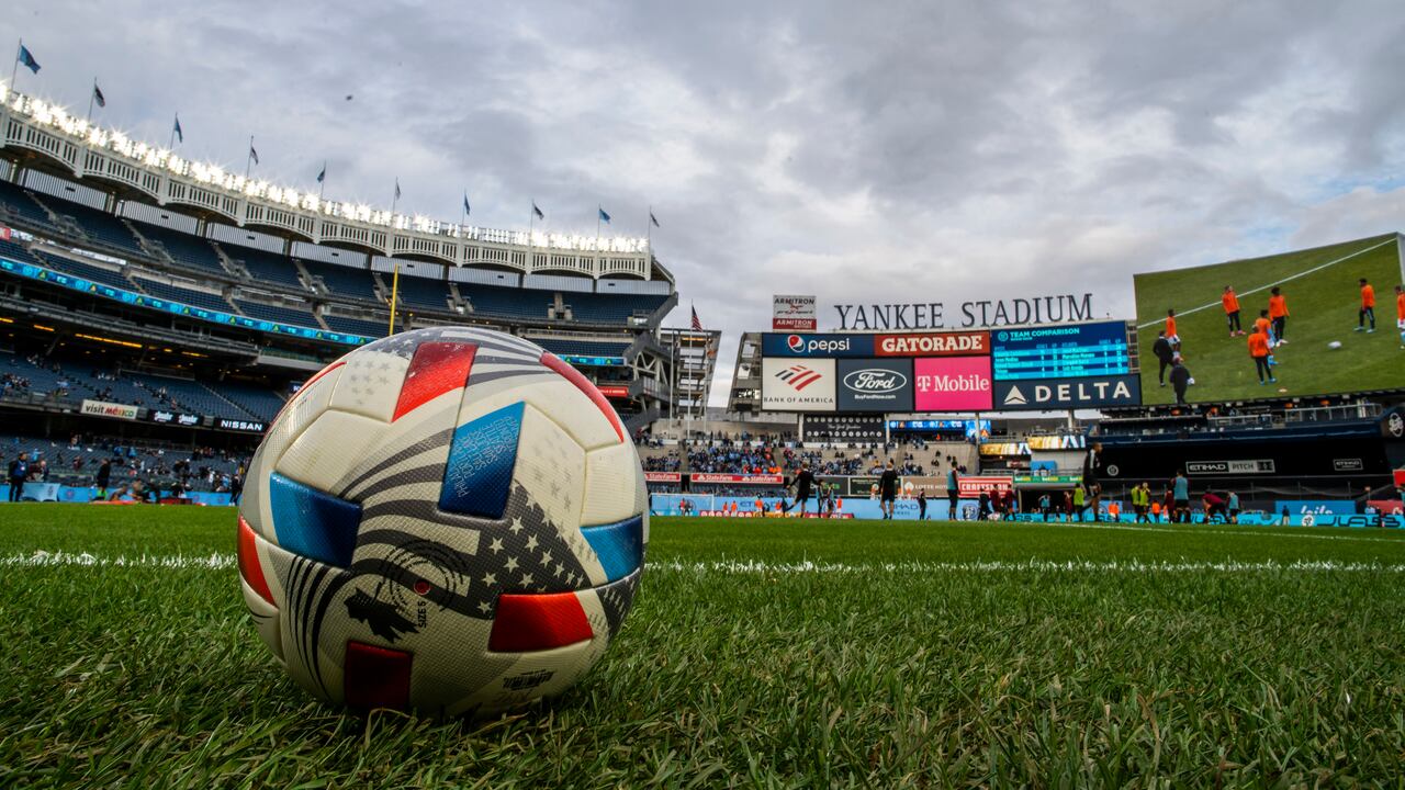 Players for New York City FC and Atlanta United warm up before an MLS soccer match at Yankee Stadium, Sunday, Nov. 21, 2021, in New York. (AP Photo/Eduardo Munoz Alvarez)