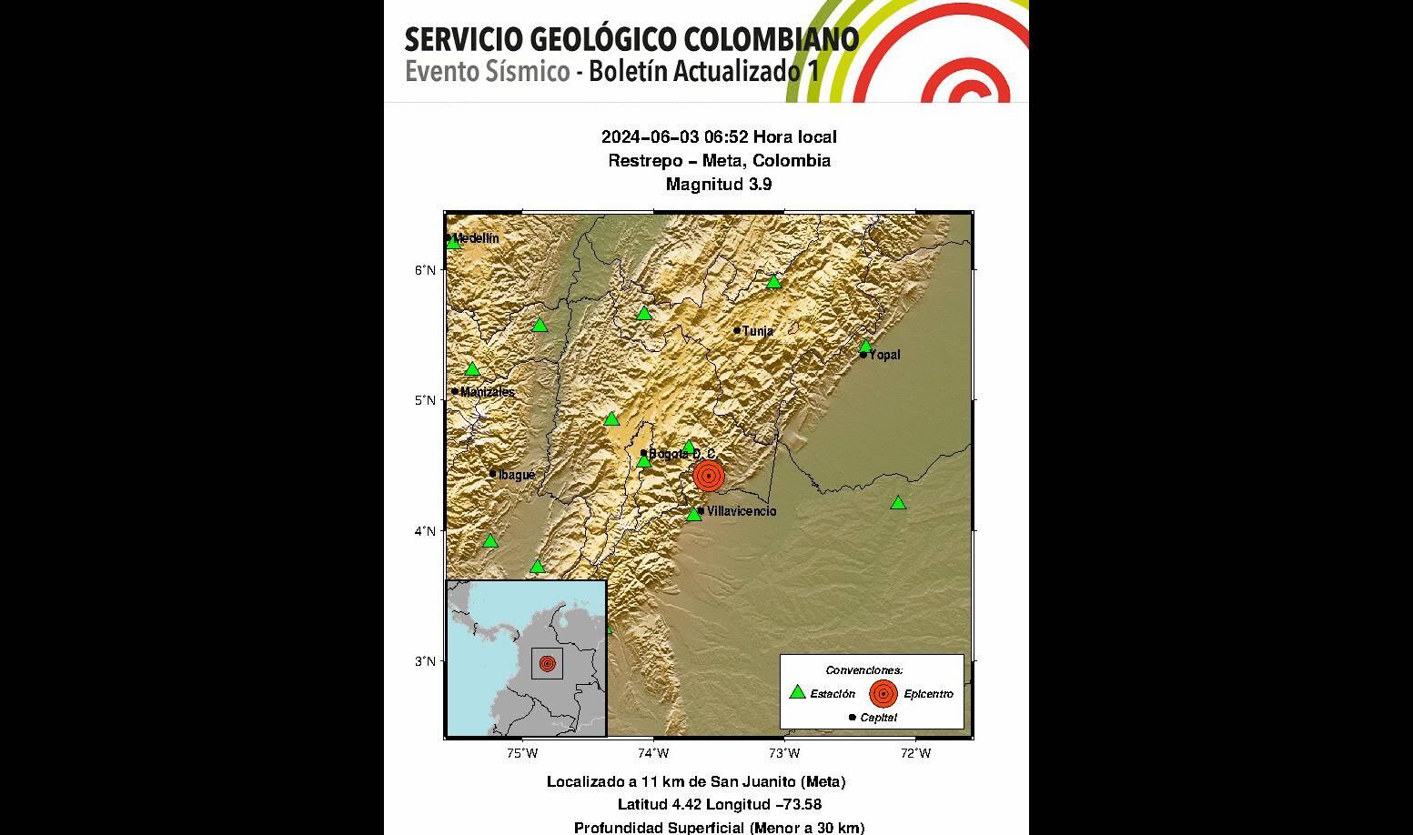 Este lunes hubo un sismo en el departamento del Meta