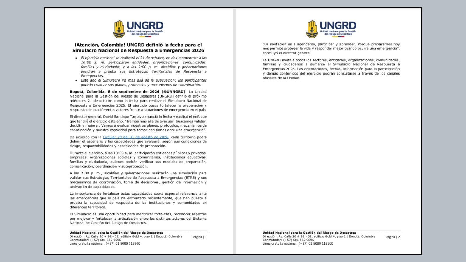 La UNGRD confirmó que el Simulacro Nacional de Respuesta a Emergencias 2026 se realizará el próximo 21 de octubre, con jornadas de participación a las 10:00 a. m. y 2:00 p. m.