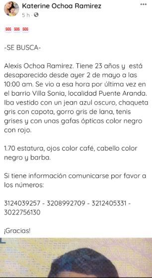 Alexis Ochoa se encuentra desaparecido desde el 2 de mayo.