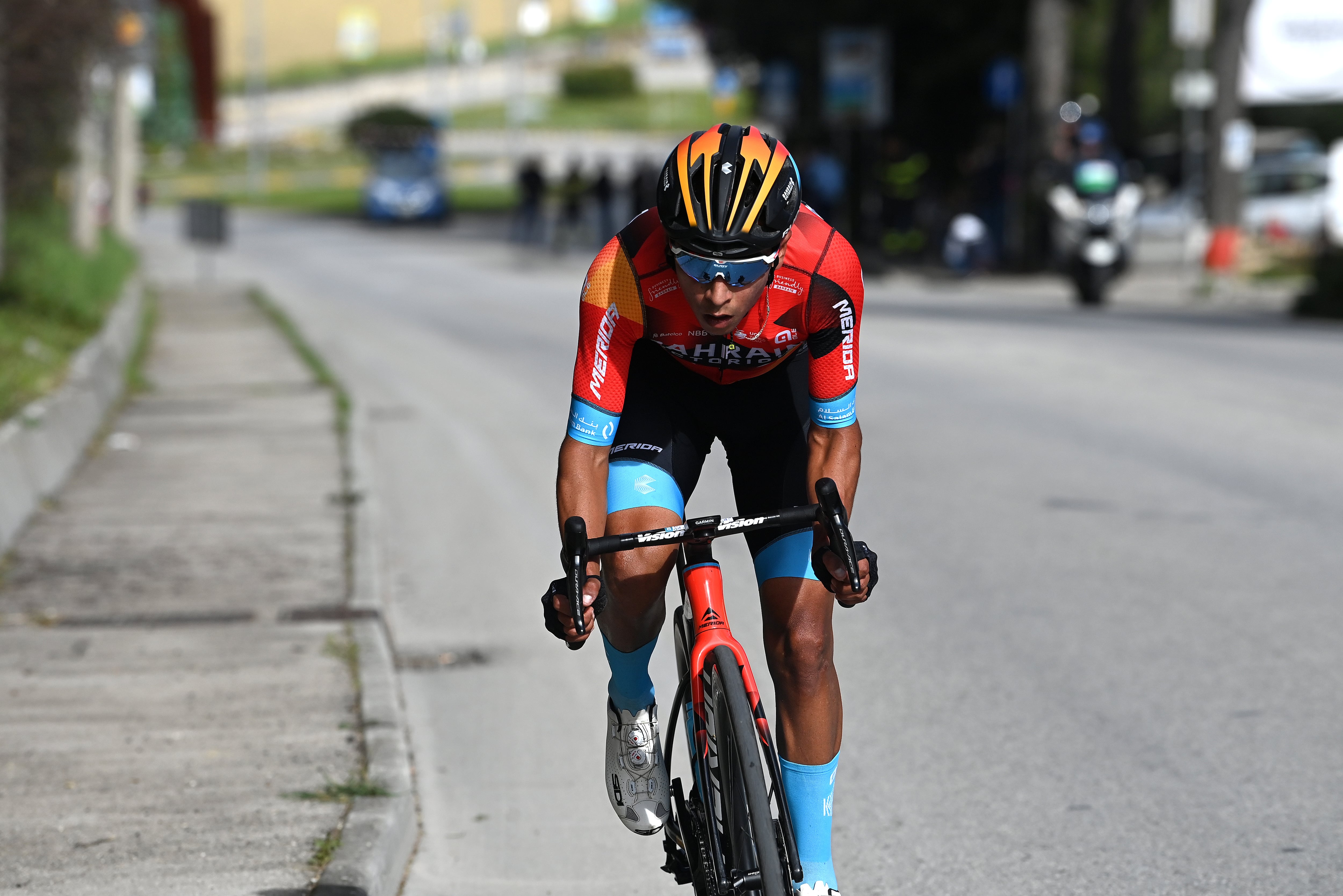 OSIMO, ITALY - MARCH 11: Santiago Buitrago Sanchez of Colombia and Team Bahrain Victorious competes in the chase group during the 58th Tirreno-Adriatico 2023, Stage 6 a 193km stage from Osimo Stazione to Osimo 252m / #UCIWT / #TirrenoAdriatico / on March 11, 2023 in Osimo, Italy. (Photo by Tim de Waele/Getty Images)