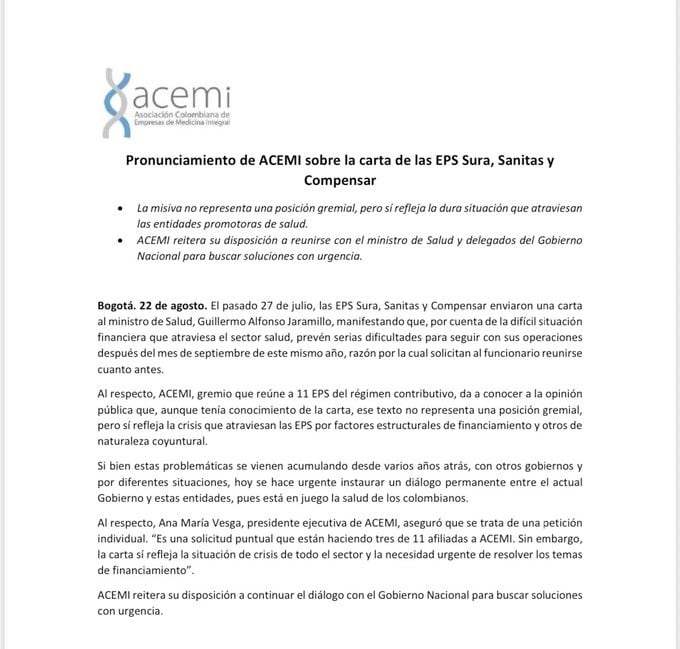 ACEMI explicó la situación que actualmente están viviendo y por eso han pedido una reunión con el ministro de salud.