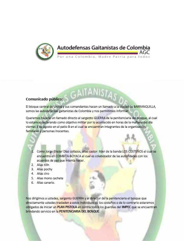 Clan del Golfo amenaza a director de la penitenciaría El Bosque de Barranquilla.