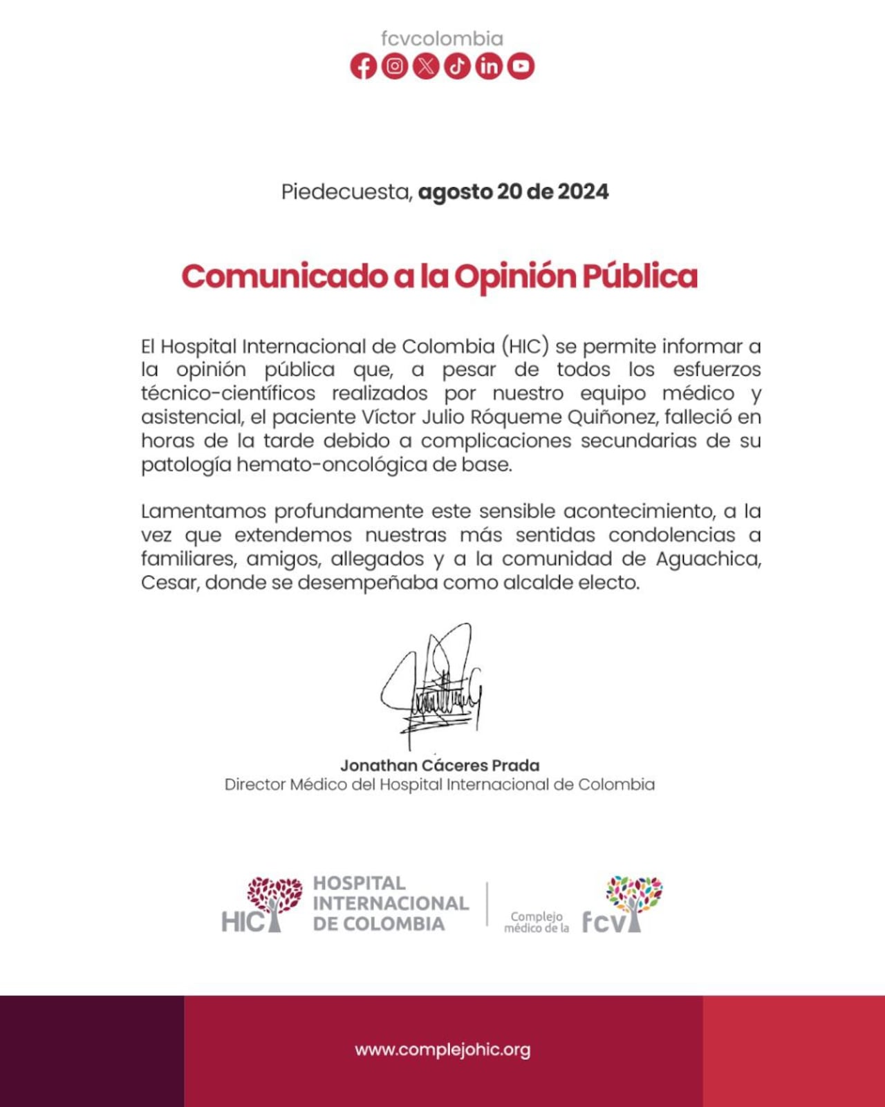Comunicado de prensa del hospital tras la muerte de Víctor Roqueme, alcalde de Aguachica, Cesar.