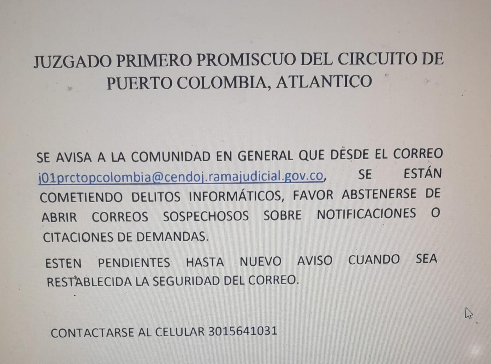 Aviso del juzgado tras el hackeo.