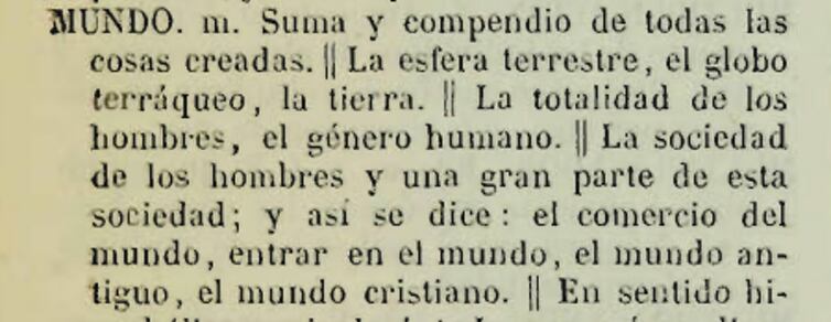 Comienzo de la entrada Mundo en el DRAE (1869), undécima edición. RAE