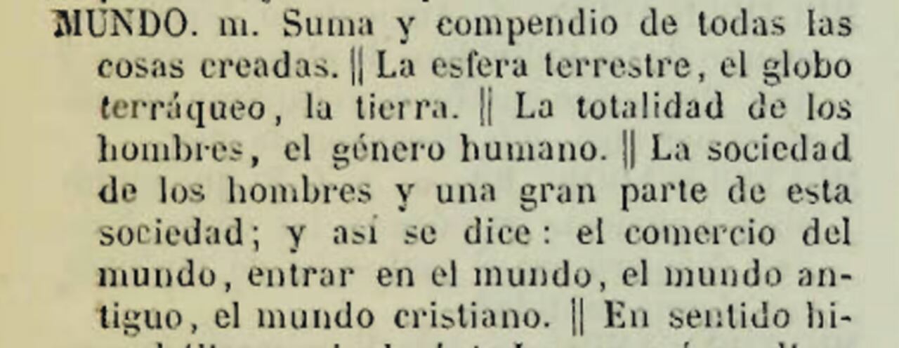 Comienzo de la entrada Mundo en el DRAE (1869), undécima edición. RAE