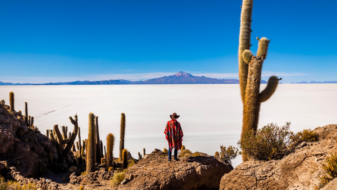 Hombre con poncho entre cactus en el Salar de Uyuni, Altiplano, Bolivia