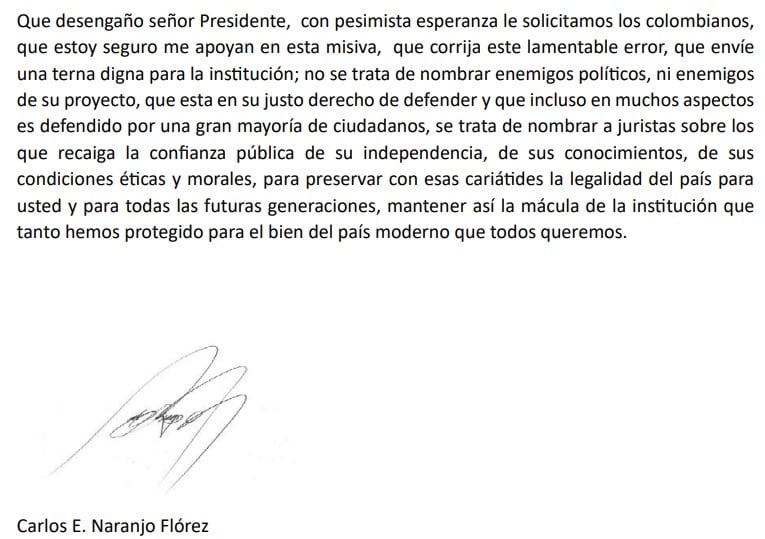 Carta del abogado Carlos Eduardo Naranjo sobre la terna a magistrado de la Corte Constitucional del presidente Gustavo Petro.