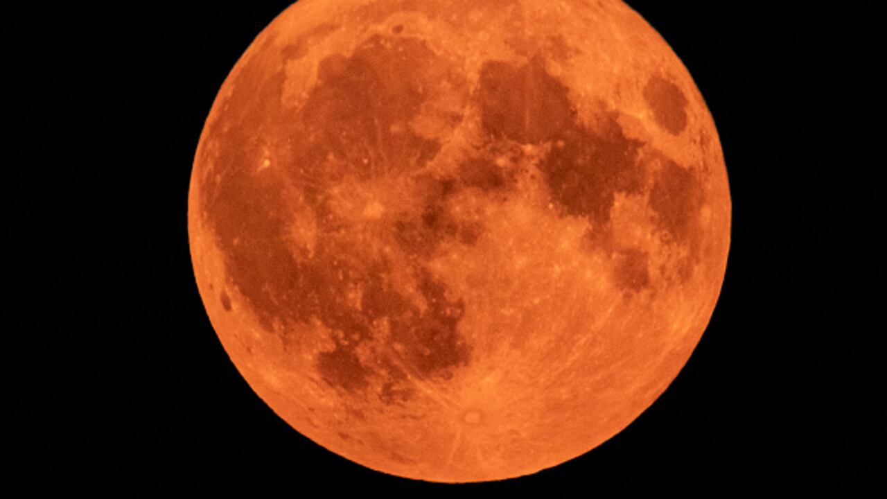 Una inusual superluna llena aparece elevándose en el cielo nocturno sobre edificios