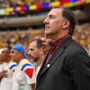 VANCOUVER, CANADA - JULY 07: Nestor Lorenzo, Head Coach of Colombia, lines up for the national anthem before the FIFA World Cup 2026 Round of 16 match between Switzerland and Colombia at BC Place Vancouver on July 07, 2026 in Vancouver, British Columbia, Canada. (Photo by Alex Pantling - FIFA/FIFA via Getty Images)