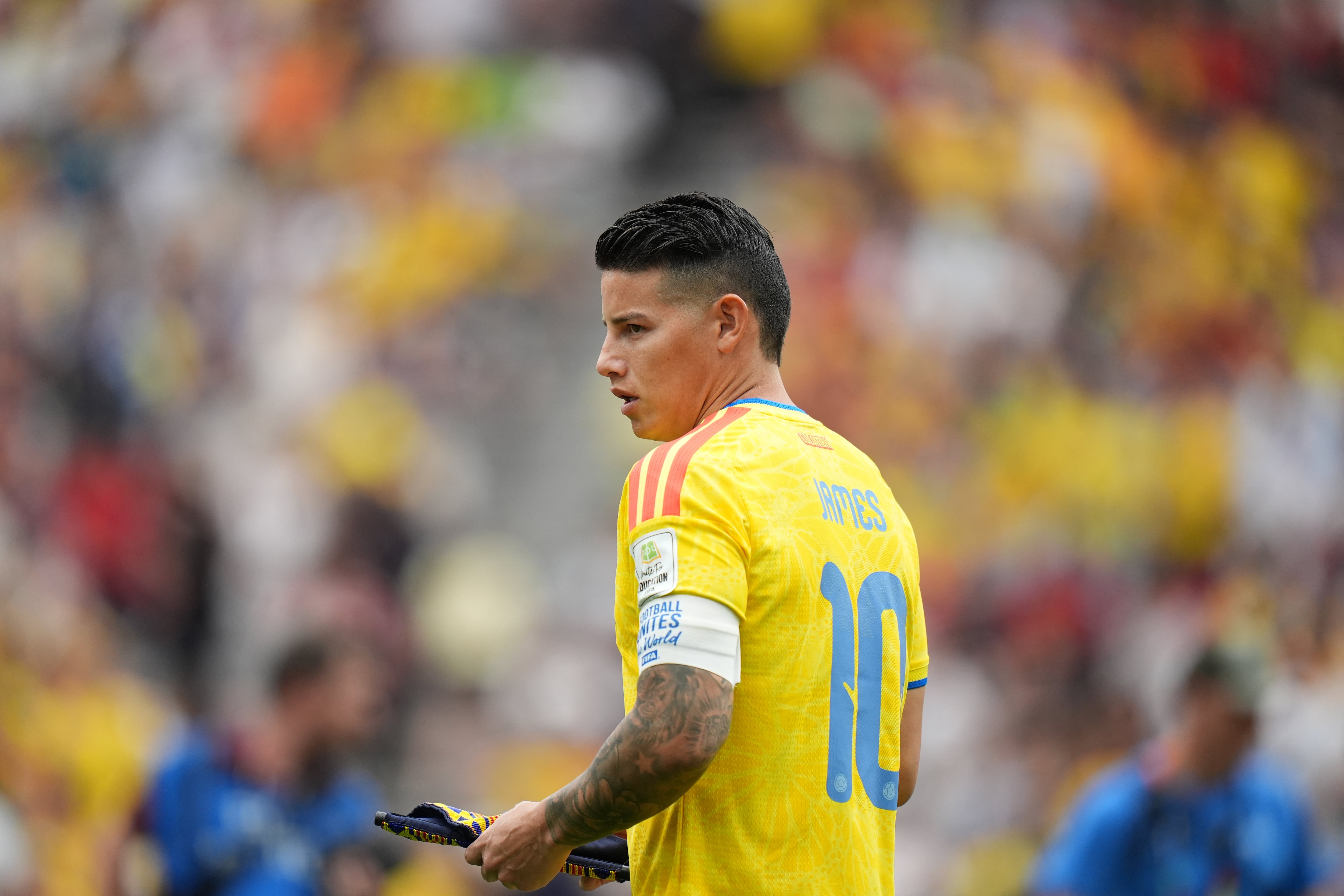 James Rodriguez #10 of the Colombia national team during the FIFA World Cup 2026 Round of 16 match between Colombia and Switzerland at BC Place Stadium in Vancouver, Canada, on July 7, 2026. (Photo by Leonardo Ramirez/Eyepix Group/NurPhoto) (Photo by Eyepix / NurPhoto via AFP)