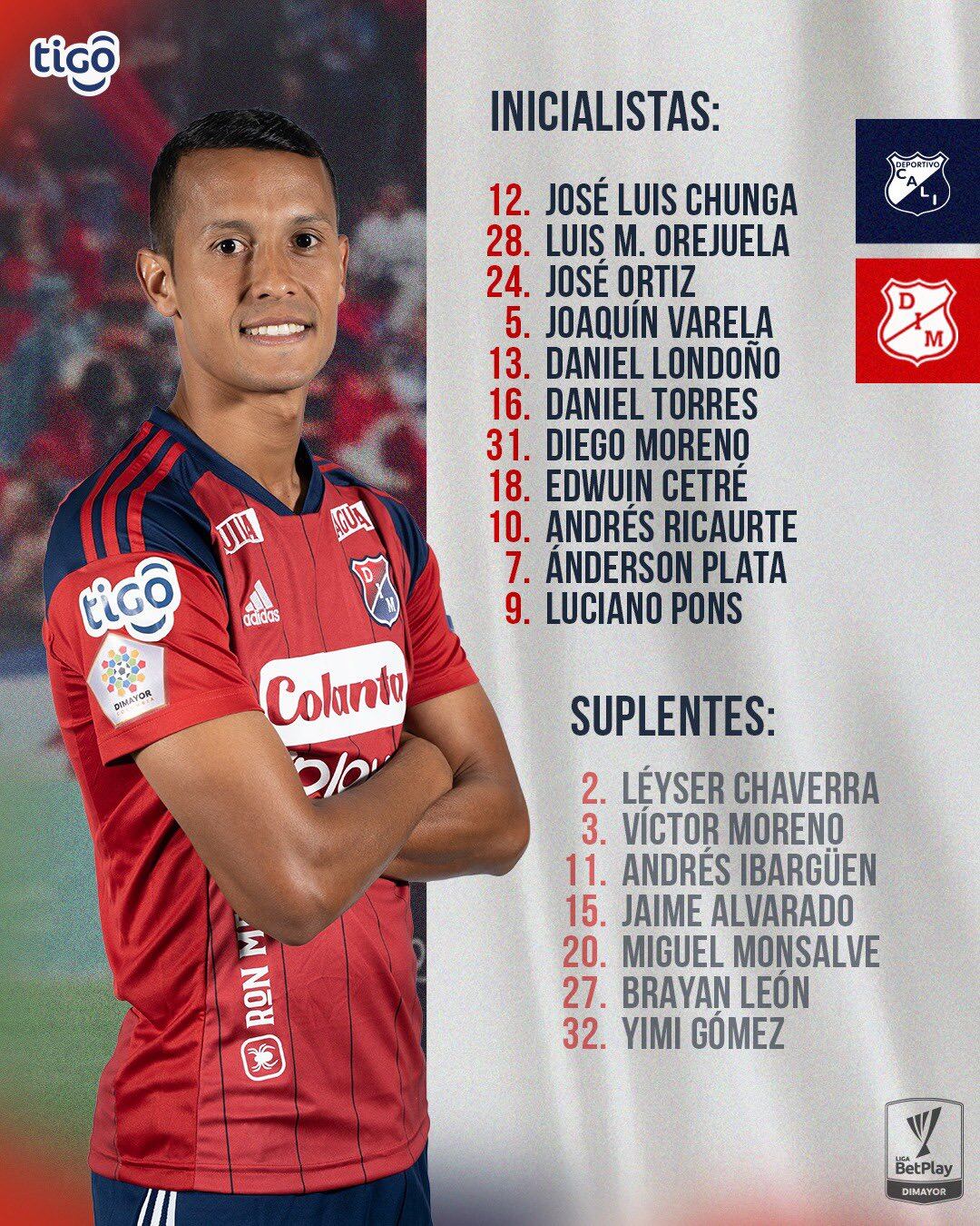 Formación titular de Medellín vs Cali