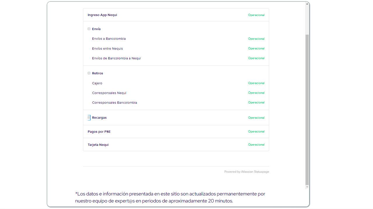 Nequi permite consultar el estado de sus servicios en tiempo real.