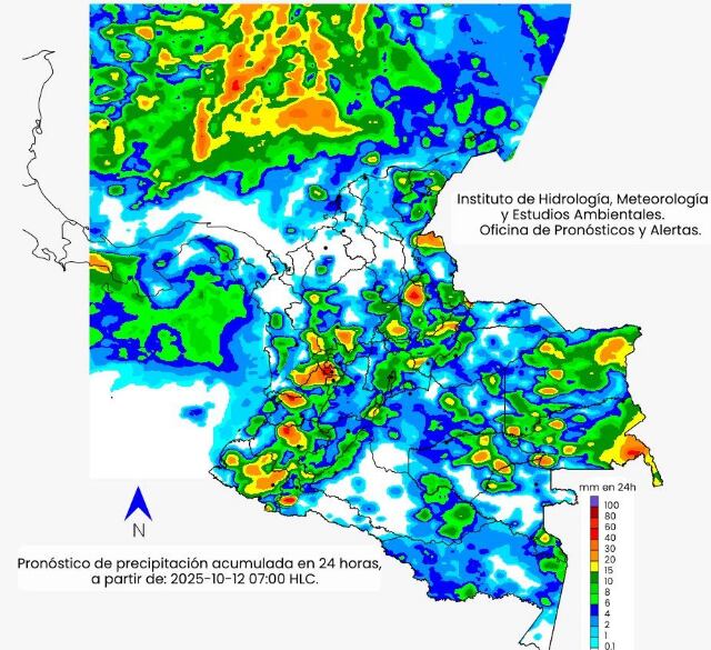 La escala de colores indica la cantidad de
precipitación acumulada para el 12 de octubre de 2025