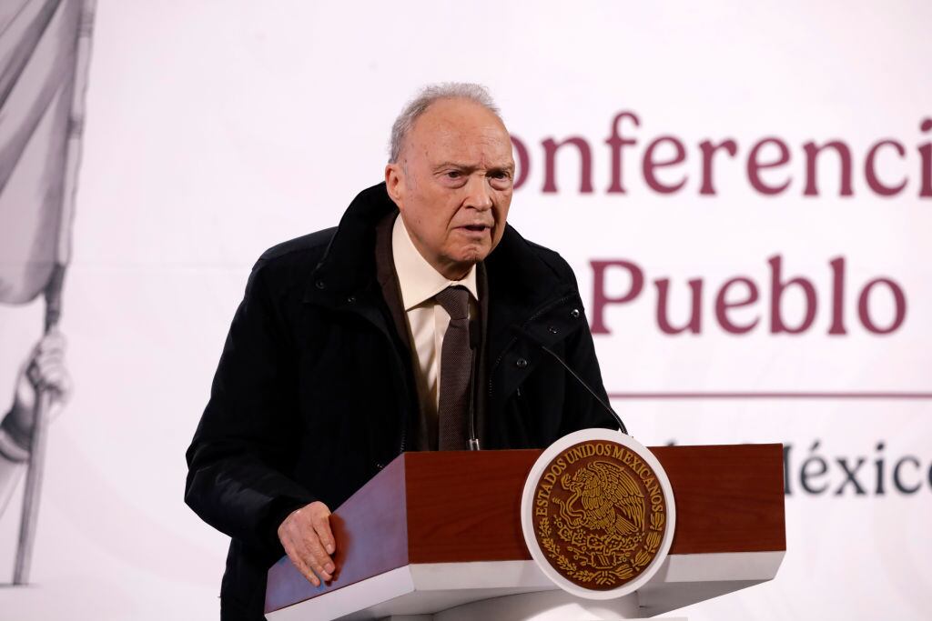 MEXICO CITY, MEXICO - FEBRUARY 11, 2025: Attorney General of Mexico, Alejandro Gertz Manero speaks during a briefing conference at National Palace. on February 11, 2025 in Mexico City, Mexico. (Photo credit should read Luis Barron/ Pixelnews/Future Publishing via Getty Images)