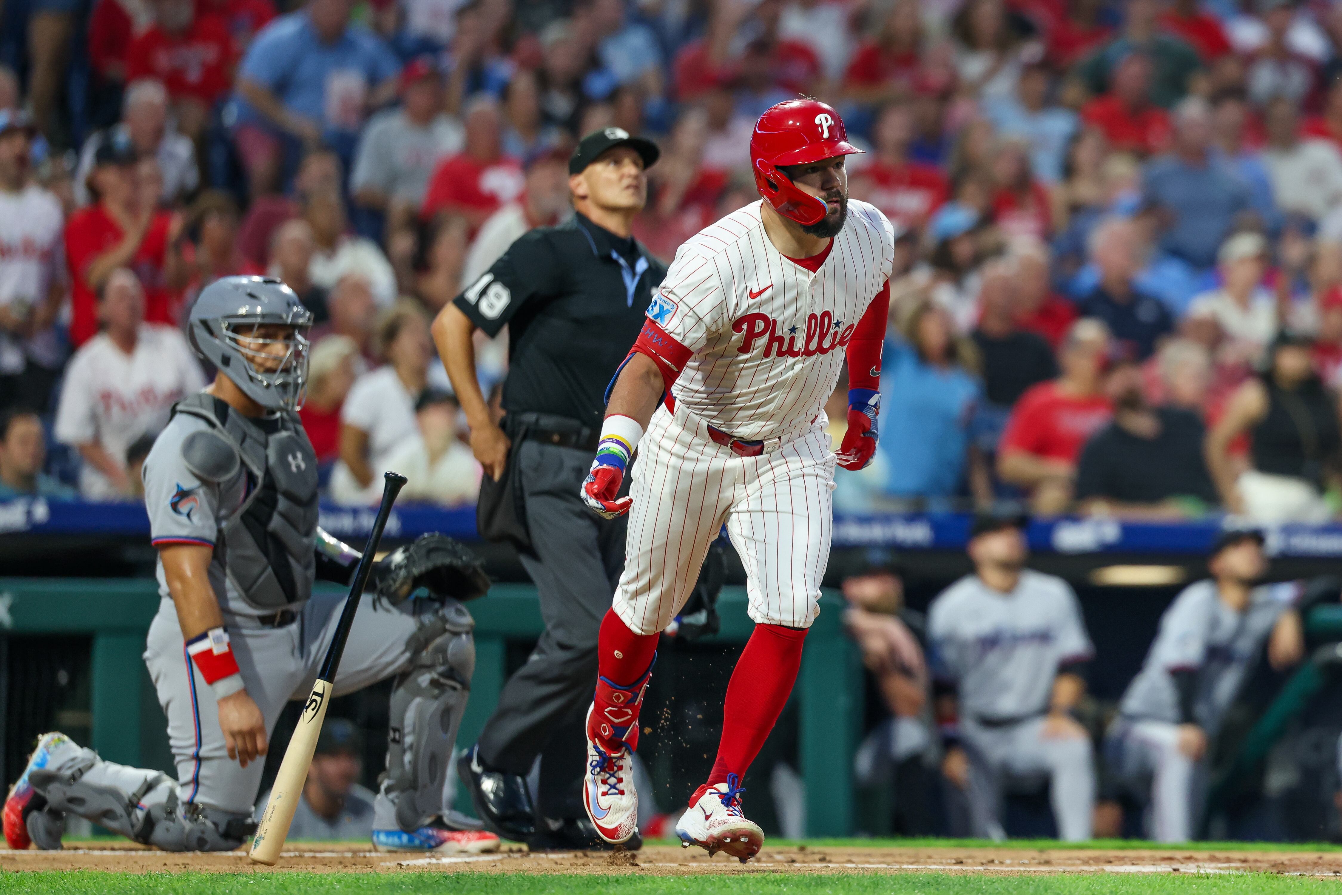 PHILADELPHIA, PENNSYLVANIA - SEPTEMBER 23: Kyle Schwarber #12 of the Philadelphia Phillies hits a home run against the Miami Marlins at Citizens Bank Park on September 23, 2025 in Philadelphia, Pennsylvania. (Photo by Isaiah Vazquez/Getty Images)