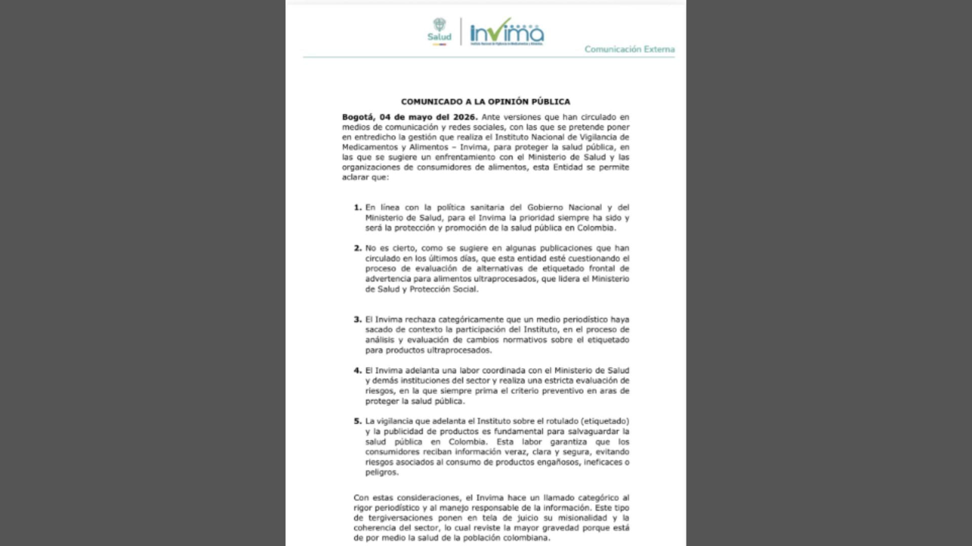 Comunicado oficial del Instituto Nacional de Vigilancia de Medicamentos y Alimentos en el que aclara su postura sobre el etiquetado de alimentos ultraprocesados y desmiente versiones de conflicto institucional.
