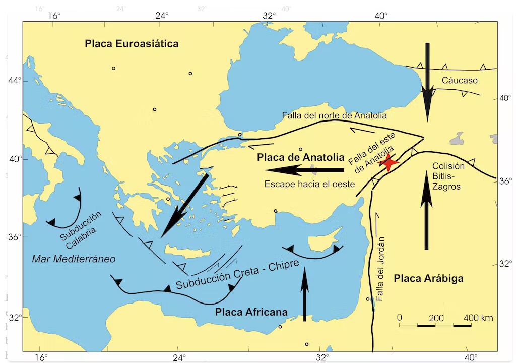 Placas tectónicas y fallas responsables del terremoto de Turquía (marcado en rojo). Author provided a The Conversation